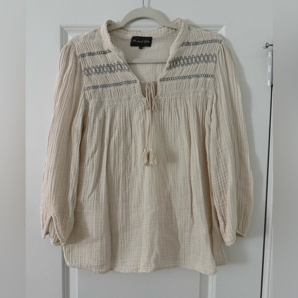Michael Stars Cream Embroidered Gauze Boho Blouse Size Medium